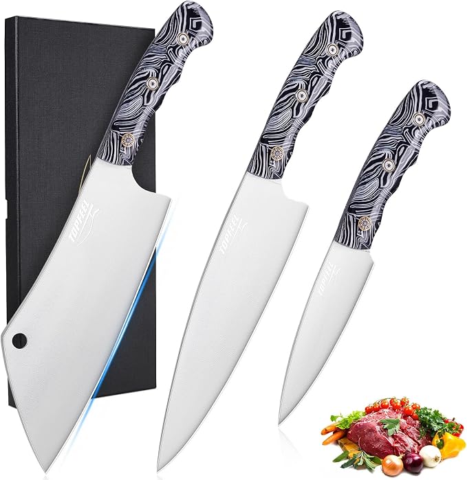 Topfeel 3-Piece Kitchen Knife Set, 5Cr15MoV High Carbon Stainless Steel | Includes 8-inch chef knife, 8-inch meat cleaver and 5-inch utility knife with full-tang acrylic handles and gift box