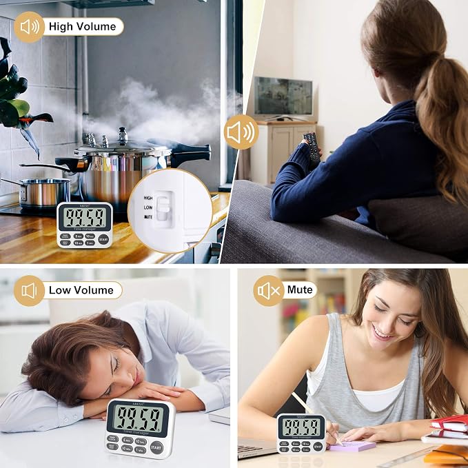 XREXS Digital Kitchen Timer, Magnetic Countdown Up Cooking Timer | with Large LCD Display, Adjustable Volume, Loud Alarm & Strong Magnet for Teachers (Batteries Included)
