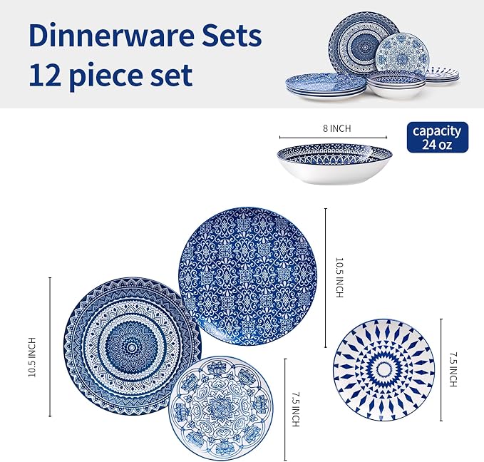 Bestone Porcelain Dinnerware Sets Service for 4, 12 pcs Hand drawn Plates and Bowls Sets, Handmade Ceramic Dish Set, Chip Resistant Modern Plate Set, Dishwasher/Microwave Safe，Vintage Blue