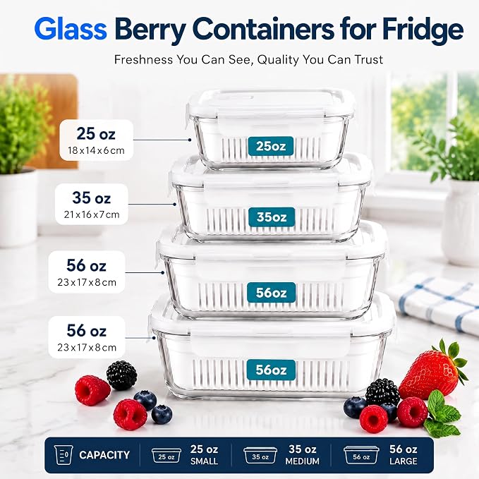 4 Pack Glass Berry storage containers for fridge with Removable Colander and Vent Valve, Fresh fruit Produce Storage Set（white）
