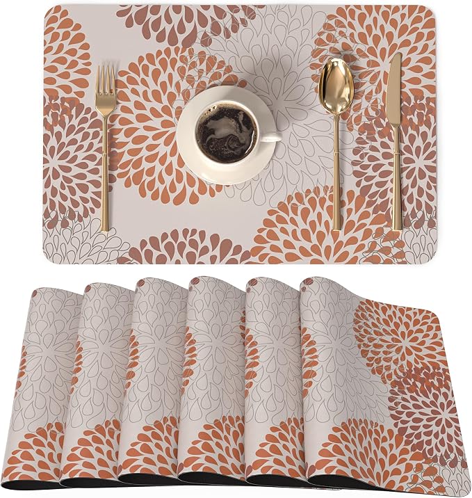 QIYI PU Leather Placemats Set of 4, 12"x18" Waterproof Table Mats, Brown | Faux Leather, Heat Resistant, Anti Slip, Wipeable Place Mats for Kitchen Dinning, Party Table Décor, Brown Floral Burst