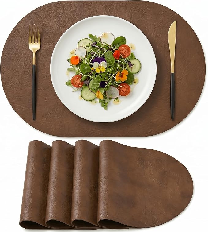 Artoid Mode Brown Faux Leather Oval Placemats Set of 4, 12 x 18 Inch Waterproof Wipeable Heat Resistant Vinyl Place Mats, Reversible Table Mats for Kitchen Dining Decor