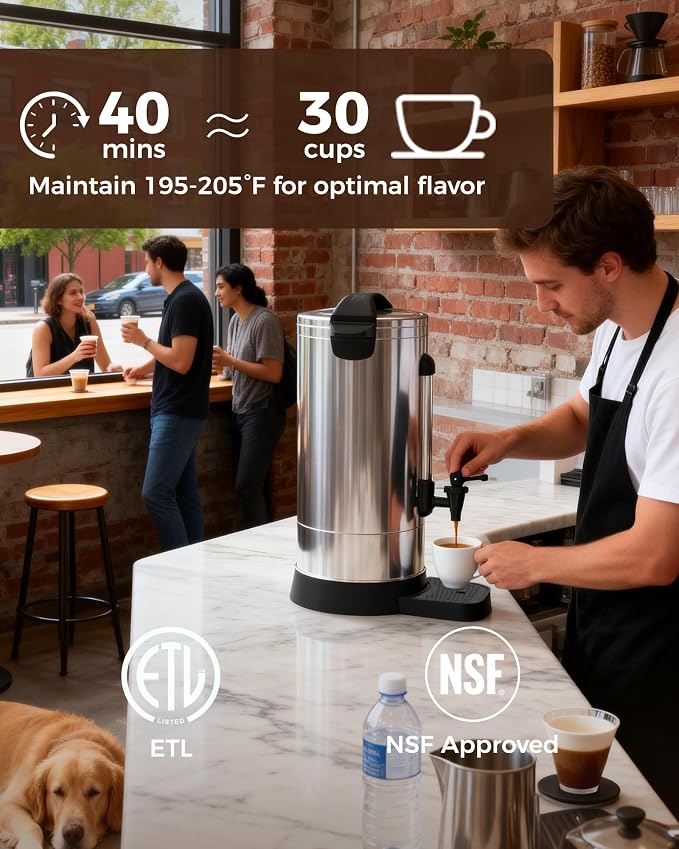 OSTBA 30-Cup Commercial Coffee Urn, 5.2L 304 Stainless Steel Percolator | 950W Fast-Brewing Coffee Maker and Hot Water Dispenser with Double-Wall Insulation for Home, Office, Catering and Events