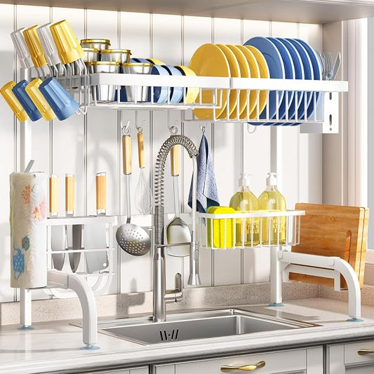 Over The Sink Dish Drying Rack, Adjustable (25.5 to 36.5 inch) 2 Tier Metal Steel Dish Drying Racks for Kitchen Counter with Hooks Paper Towel Utensil Cup Holder Sink Caddy (White) | All-in-One Large Capacity, Snap-On Design for Flexible Use, Strong Me...