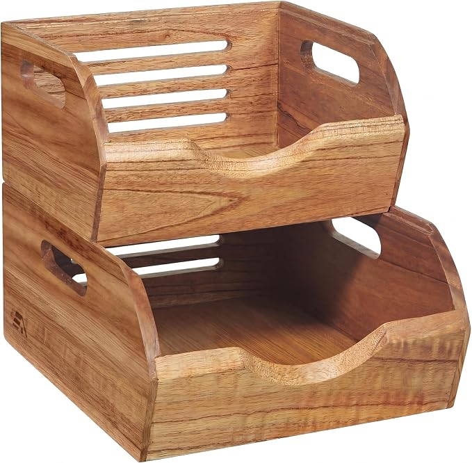 HOMESTEAD Stackable Wood Storage Bin, Ventilated Potato and Onion Storage Organizer with Handles, Wooden Pantry Organizer Bins for Fruit, Vegetables, Potatoes and Onions Storage, Natural