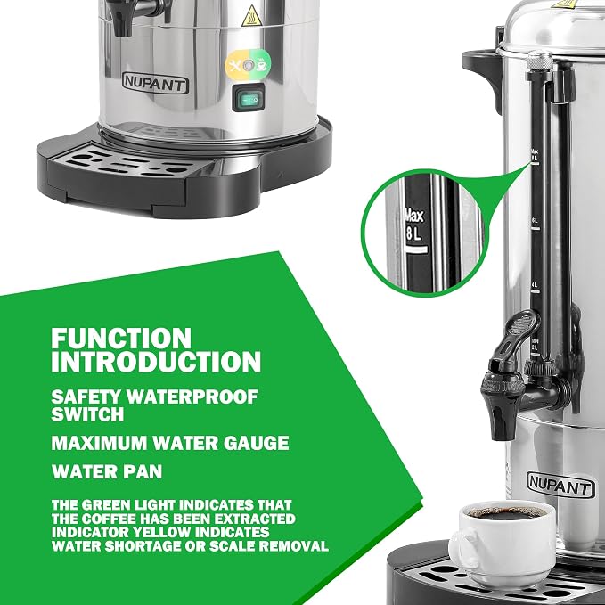 NUPANT Commercial Coffee Urn 50 Cup/8L Coffee Dispenser with Upgraded Percolator, 304 Stainless Steel Hot Water Urn Beverage Dispenser with Keep Warm Mode, Large Coffee Maker for Catering Party