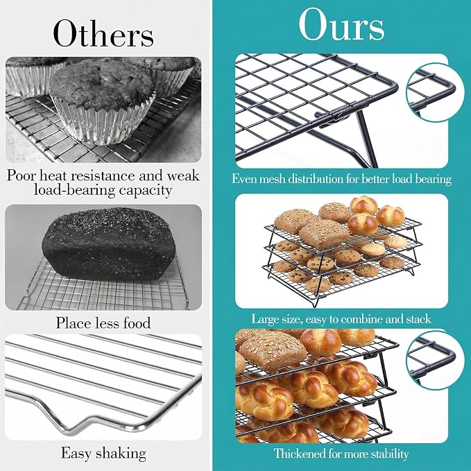 Kifmurase 3-Tier Stackable Baking Racks Cooling Carbon Steel Wire Rack | 13.39 x 9.37 Inch, with Folding Legs, for Cookie Cake Pizza, Multi-Use Oven Rack, for Cooking, Roasting, Drying