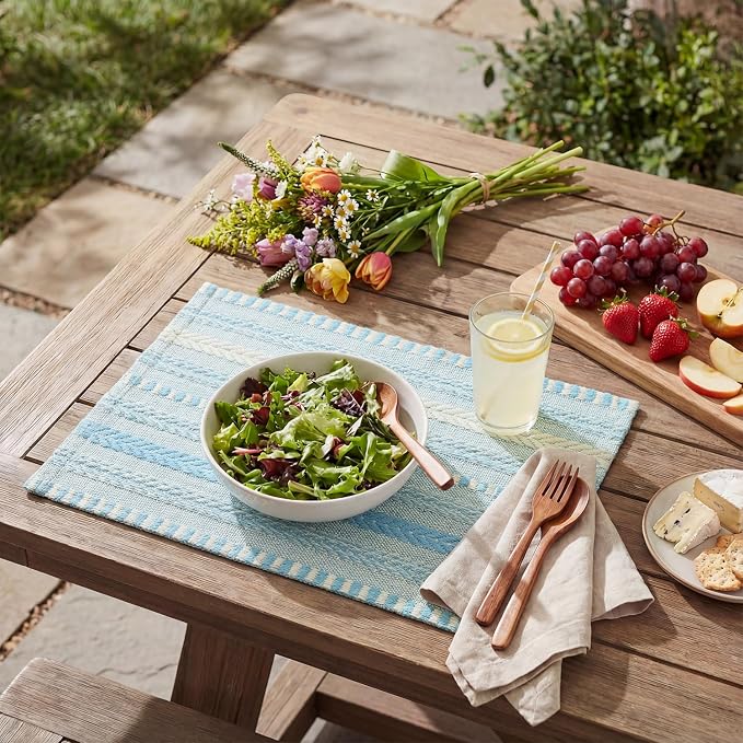 Artoid Mode Sky Blue Farmhouse Woven Braided Stripe Placemats Set of 4,12x18 Inch Seasonal Holiday Table Mats Party Kitchen Dining Decoration