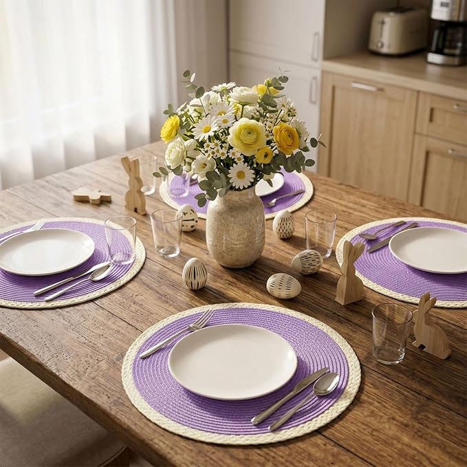 Round Placemats Set of 6, Woven Table Mats, Mint Purple | Braided Paper Edge, 15 Inch Diameter, Fits Dinner Plate and Flatware, Wipeable, Heat Resistant, Indoor Dining, Outdoor Patio