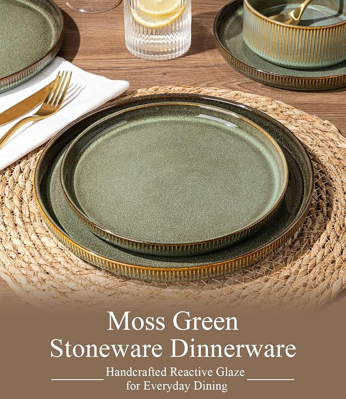 GBHOME Stoneware Dinnerware Sets for 4, 12-Piece Plates and Bowls Set | Handmade Reactive Glaze Ceramic Dish Set, Scratch Resistant, Dishwasher&Microwave Safe,Moss Green