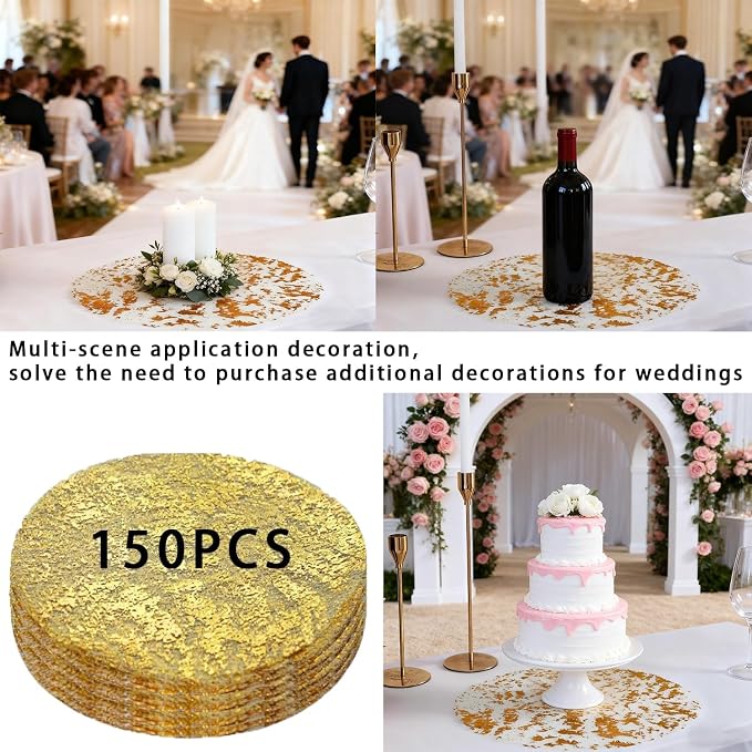 150PCS Gold Foil Placemats Disposable - 13 Inch Round Metallic Table Runner Set, Pressed Paper Doilies for Wedding Birthday Party Christmas Dining Decor (Golden Chargers Style)