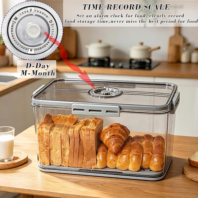 Honbuty Bread Box Bread Boxes for Kitchen Counter Airtight,Time Recording Bread Storage Container with Lid, Bread Keeper for Homemade Bread, Toast, Bagel, Donut and Cookies, Grey,Gifts for Mom Dad