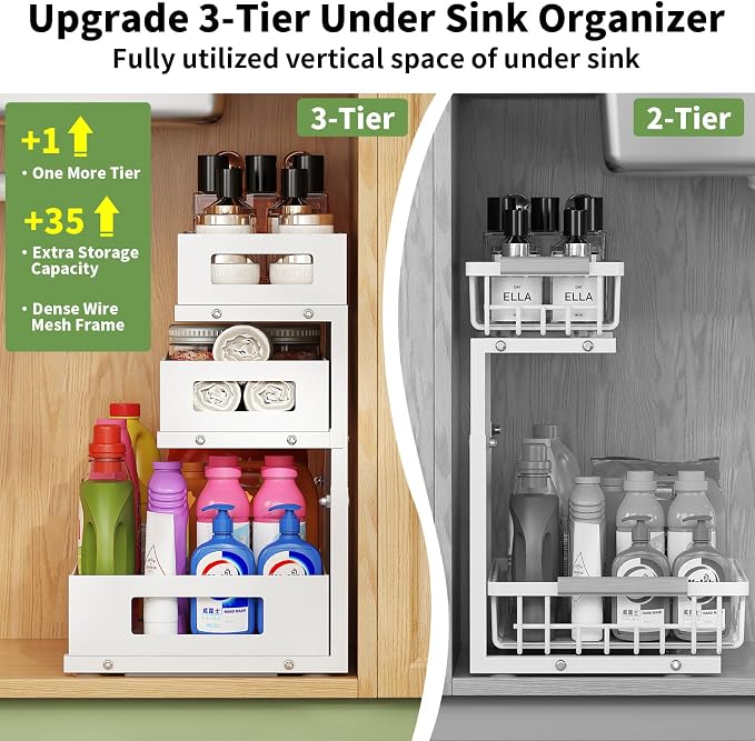 Under Sink Organizer,3-Tier Heavy Duty Pull out Cabinet Organizer Shelf | Height Adjustable,Thickened Metal,Slide out Storage Drawer Rack for Kitchen Bathroom Pantry Laundry Home Organization