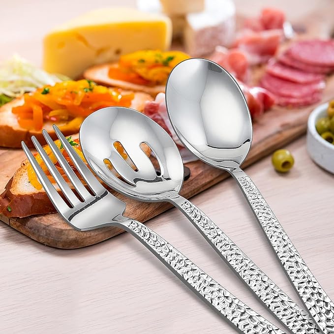 E-far Hammered Serving Spoons, 4-Piece Stainless Steel Serving Utensils Set Includes Slotted & Solid Spoons, Metal Hostess Tablespoons for Catering Buffet Party Kitchen Restaurant