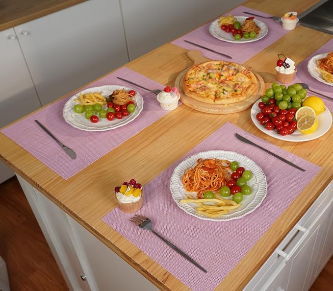 Zupro Pink Placemats Set of 4 Woven PVC 18"x12" for Indoor Outdoor Usage | Washable Heat-Resistant Non Slip Table Mats PVC Vinyl Kitchen Dining Patio Table Place Mats for Holidays Dinner Parties BBQs