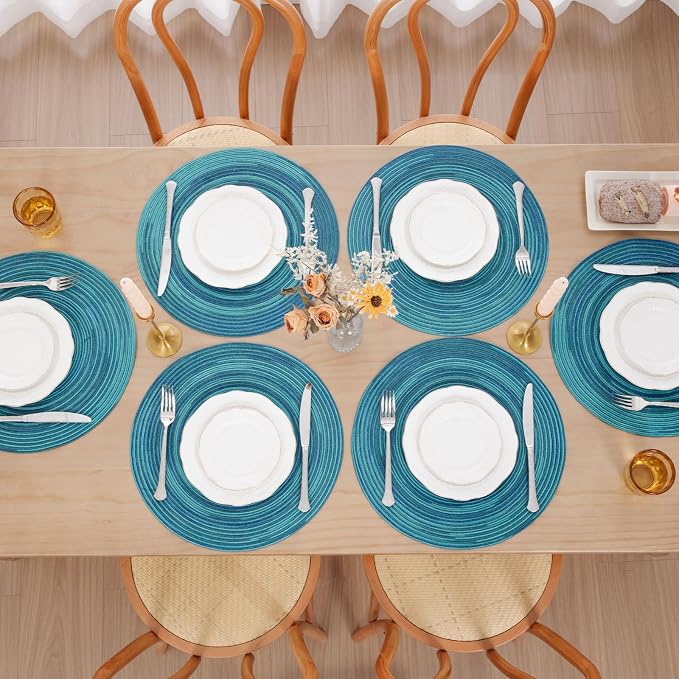 SHACOS 15 inch Round Placemats Set of 6 Variegated Multicolor Place Mats Cotton Polyester Braided Non Slip Washable Heat Resistant Table Mats for Home Wedding Dinner Party Table Decor, Rainbow Teal
