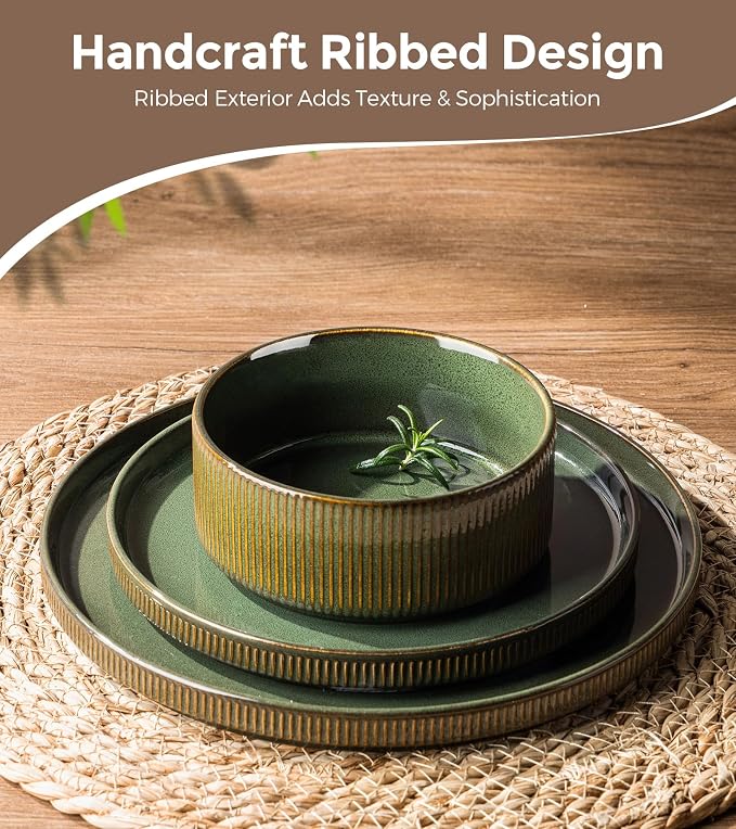 GBHOME Stoneware Dinnerware Sets for 4, 12 Pieces Plates and Bowls Set | Lightweight Ceramic Ribbed Dishes,Reactive Glaze Stackable Plate Set,Scratch Resistant,Microwave&Dishwasher Safe,Sage Green