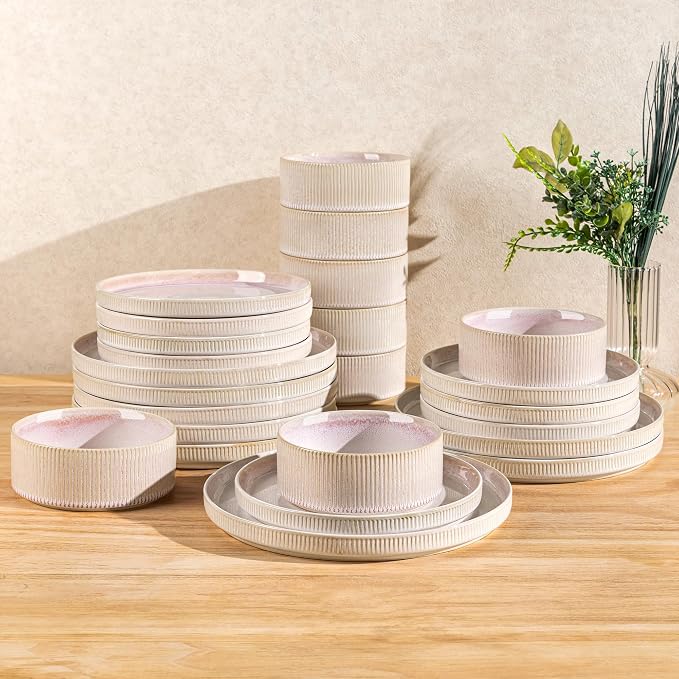Ceramic Dinnerware Set for 8, 24-Piece Plates and Bowls Set | Lightweight Porcelain Dish Set, Scratch Resistant, Oven & Microwave & Dishwasher Safe, Primrose Pink