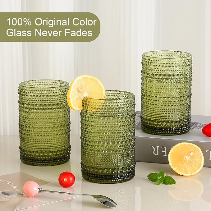 ZMOWIPDL Drinking Glasses Set of 6,15 oz Green Hobnail Glass Cups | Vintage Glassware，Embossed Water Tumbler,for Beer,Cocktail,Whiskey,Juice and Various Mixed Drinks- 1 Cleaning Brush