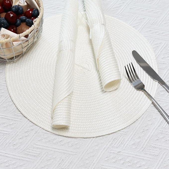 Winknowl 15 Inch Round Braided Placemats Set of 4, Washable Cotton Polyester Table Mats, Heat Resistant Non-Slip Place Mats for Kitchen Dining Table Decor (White,4pcs)