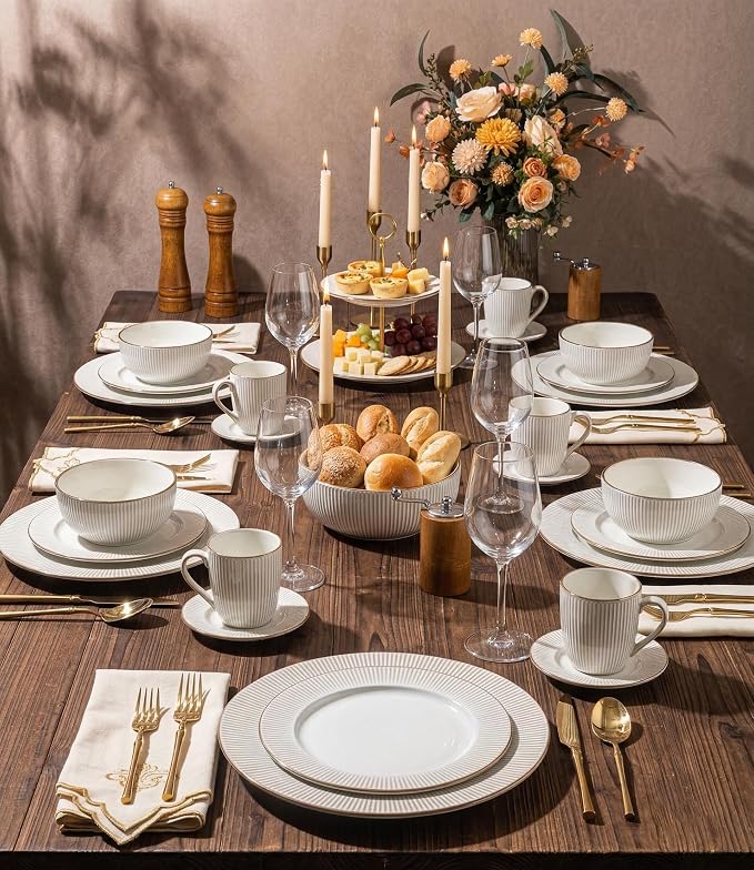 GBHOME Ceramic Dinnerware Sets of 4,16 pcs Plates and Bowls Sets Dishes | Embossed Elegant Stoneware Dishes Set | Dishwasher & Microwave Safe | Service for 4
