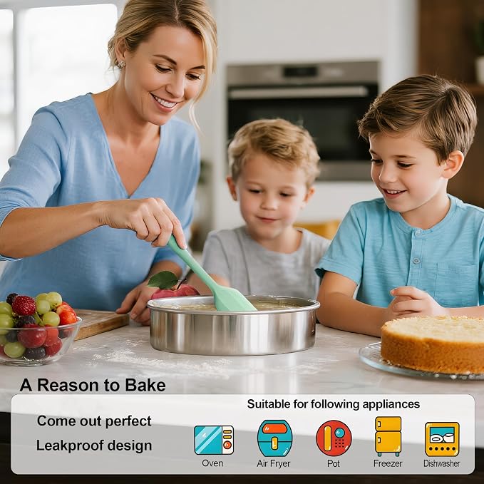 9½ Inch Round Cake Pan, 2PCS Stainless Steel Cake Pans &100 Parchment Paper | Nonstick Circle Round Cake Pans Tins for Birthday Baking Layer Cake, Healthy & Non-Toxic, Silicone Spatula & Dishwasher Safe
