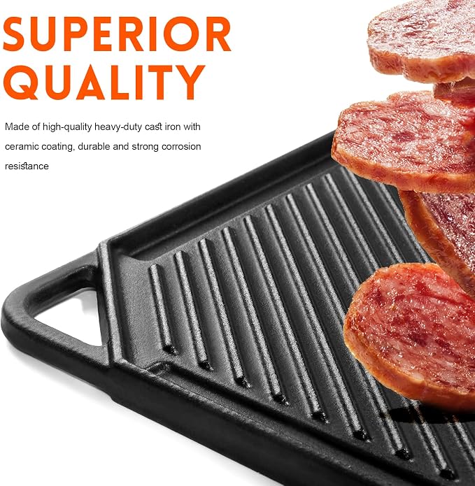 GGC Reversible Cast Iron Griddle, 20 x 10 Rectangular Griddle Pan | Double Sided Griddle Pan Perfect for Gas Grills, Stove Tops and Outdoor Cooking, Baking Flat and Ribbed Griddle Plate