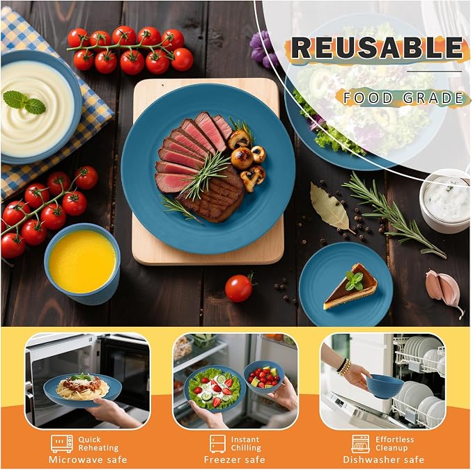 Wheat Straw Dinnerware Sets, 32 PCS Dishes Set for 8, Unbreakable Lightweight Reusable Plates and Bowls Sets for Kitchen Outdoors RV Camping Patio, Dishwasher & Microwave Safe - Blue