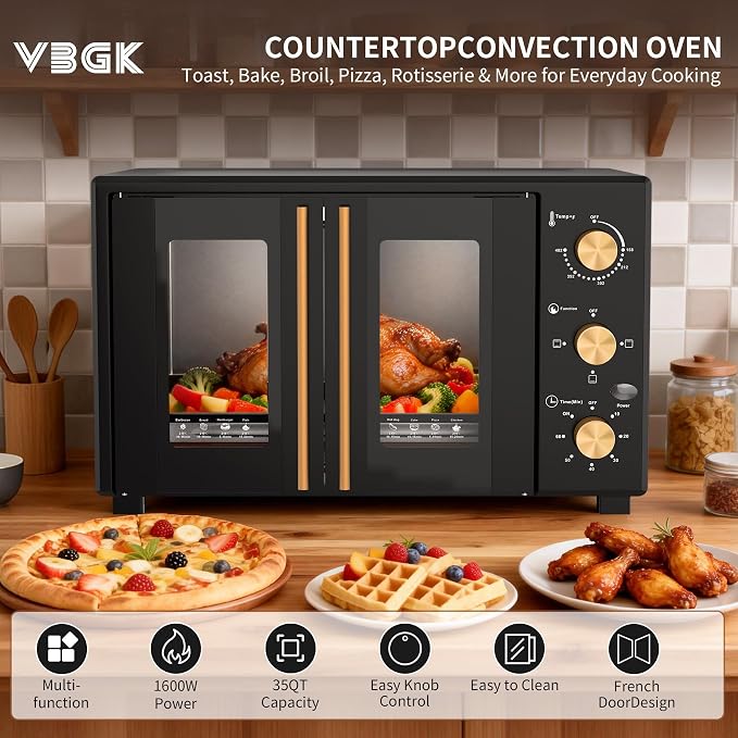 VBGK French Door electric Knob Oven, 35 QT Extra Large Oven,18-Slice Convection Oven3-Control Knobs, Bake Broil Toast Grilled Meat Keep Warm, black Metal,Equipped with a tray and a rack.