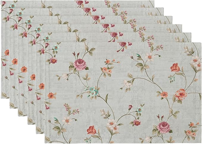 QIYI Boho Table Placemats Set of 6, 12"x18" Linen Place Mats, Pink Flowers | Fabric Place Mats for Kitchen Dinning, Farmhouse Rustic Cloth Table Mats, Washable Placemat Party Table Décor