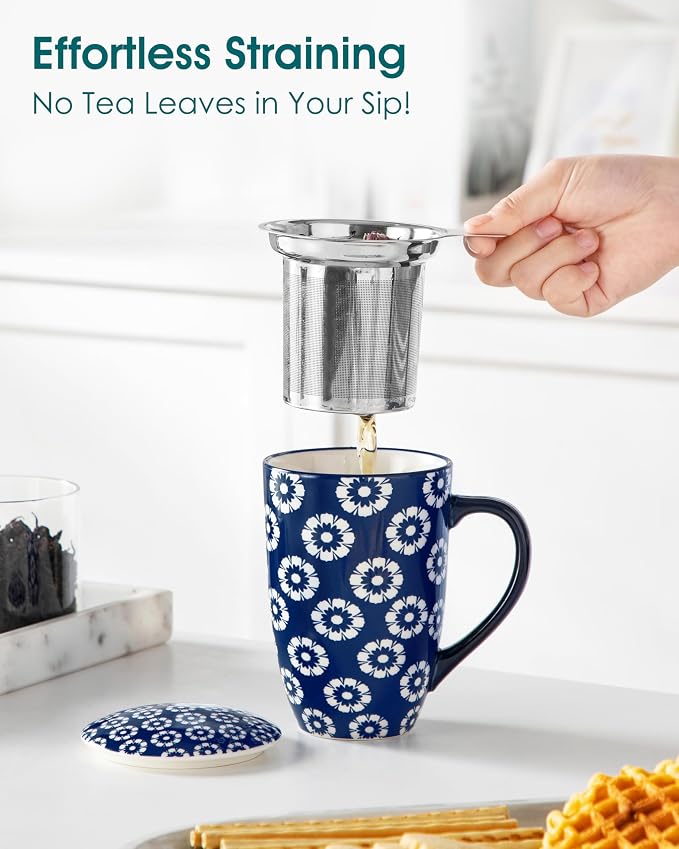 vancasso SELENE Porcelain Tea Mug, 18 oz Porcelain Tea Cup with Infuser and Lid Steeps Loose Leaf Tea, Microwave & Dishwasher Safe, Daisy Cluster
