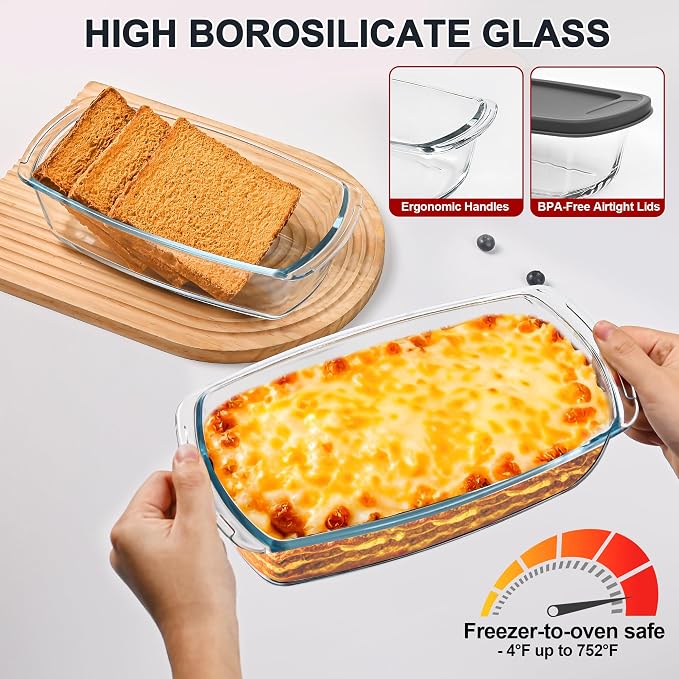 LOVYANXUE 2 Pack Glass Loaf Pan with Lid, 1.9QT/ 62 OZ Bread Pan - Baking Dish with Airtight Lids BPA free - Meatloaf Pans For Homemade Bread, Baking, Cakes, Dessert, Microwave & Oven Safe