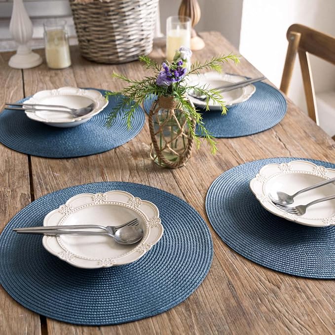 FunWheat Round Braided Placemats Set of 8 Place Mats for Dining Table Woven Washable Non-Slip Table Mats 15 Inch(Blue,8pcs)