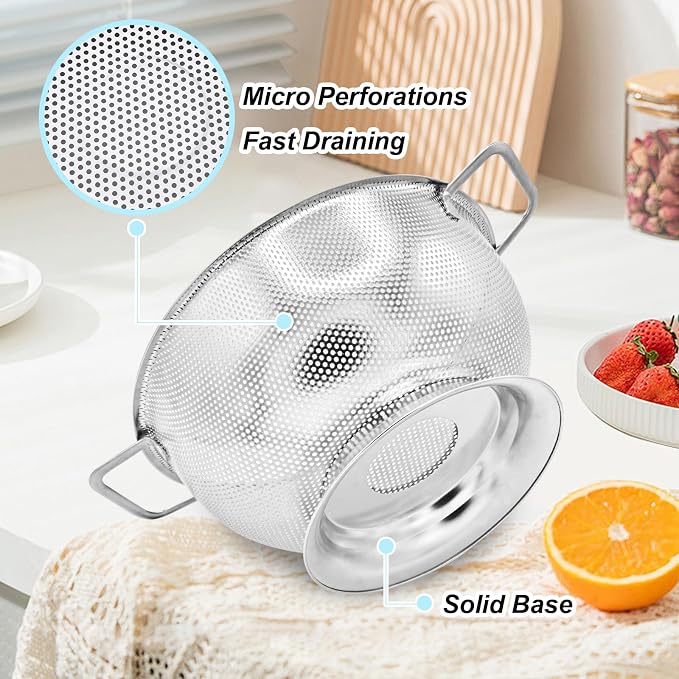 304 Stainless Steel Colander, Micro-Perforated 5-Quart Strainer with Base, Dishwasher Safe. Great for Pasta, Noodles, Vegetables & Fruits