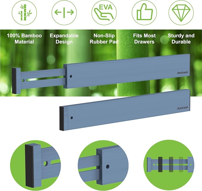 Bamboo Drawer Dividers, Expandable Drawer Separators Splitter,17-22 inches Long Adjustable Spring-loaded Organizer for Large Utensil, Clothes, Tools Drawers (Blue)