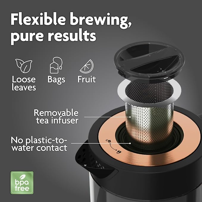 Viante Alba Electric Tea Kettle With Infuser, No Plastic, 1.5L, Black | Borosilicate glass & 304 stainless steel construction. 4 temp presets, keep-warm, cordless, auto shut-off