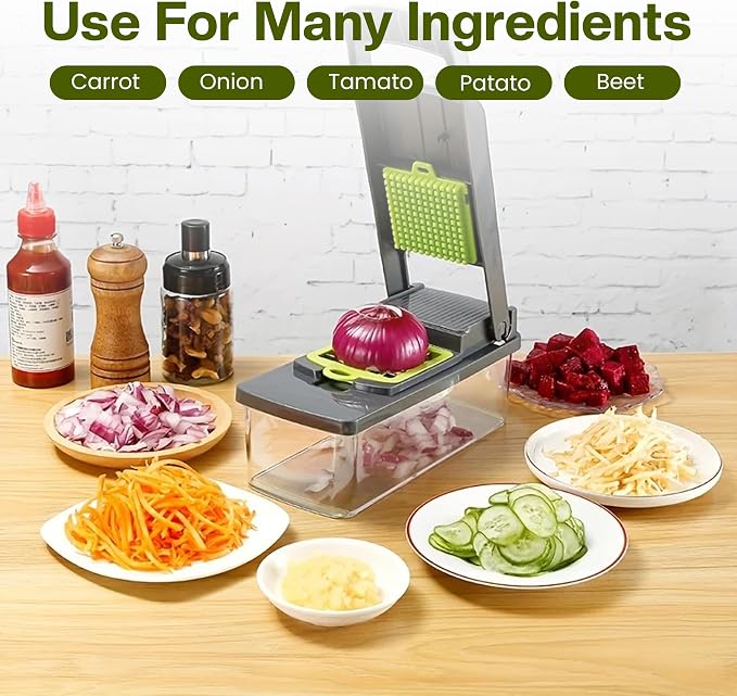 Vegetable Chopper, 16-in-1 Food Slicer, Onion Chopper, Mandoline Vegetable Slicer, Cutter, Spiralizer, 8 Stainless Steel Blades, Includes a Food Storage for Kitchen