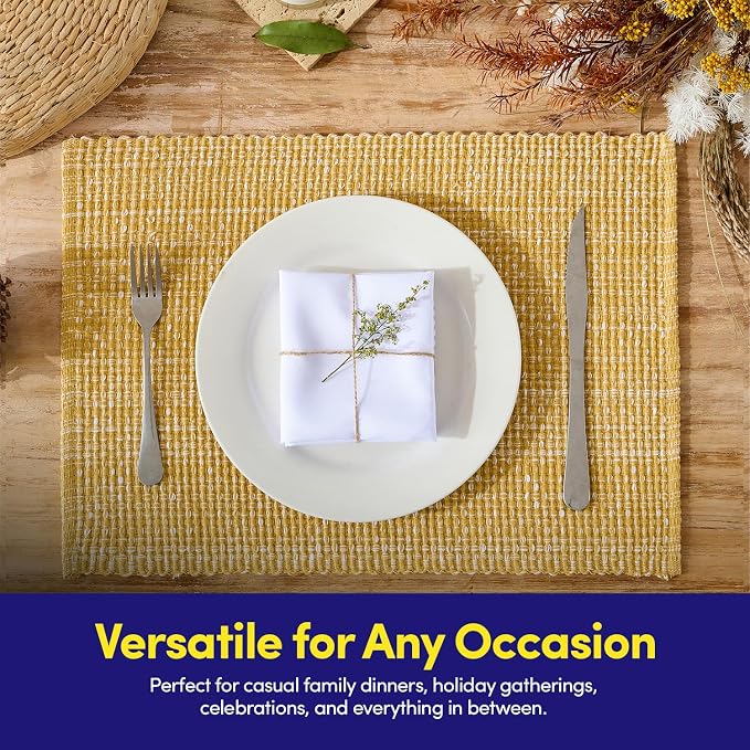 Sweet Home Collection 100% Cotton Placemats for Dining Room Rectangle Two Tone Woven Fabric 13" x 19" Soft Durable Table Mat Set, Set of 4, Gold