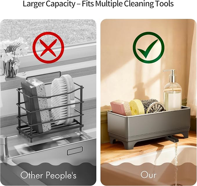 MOUKABAL Sponge Holder for Kitchen Sink, Rustproof Stainless Steel Grey | Large Capacity/360° Rotating Drain Keeps Counter Dry/Holds Sponges & Soap Bottle/Easy-Clean Removable Tray