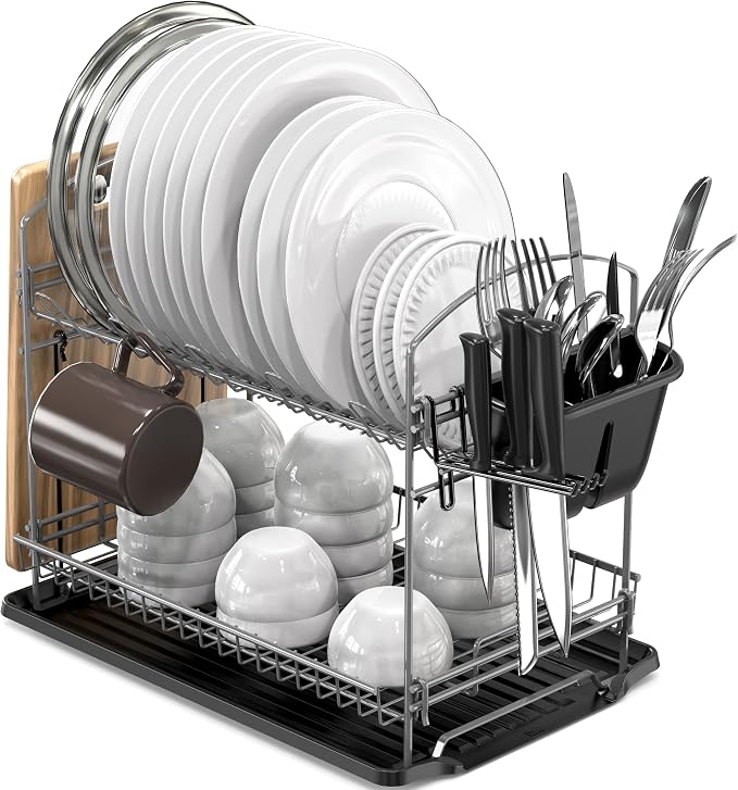 Simple Houseware 2-Tier Dish Rack with Drainboard, Silver