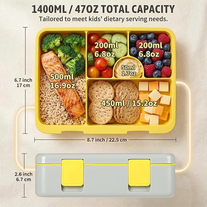 rockpapa Bento Box for Kids - Large 5.5 Cups Lunch Box with Utensils - 5 Compartments, BPA-Free, Leak Proof, Portable Handle for Boys Girls, Microwave/Dishwasher Safe (Grey Constr Trucks)