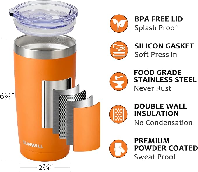 SUNWILL Travel Coffee Tumbler 20 oz, Insulated Mug with Lid, Stainless Steel Cup for Hot and Cold Drinks, Powder Coated Orange