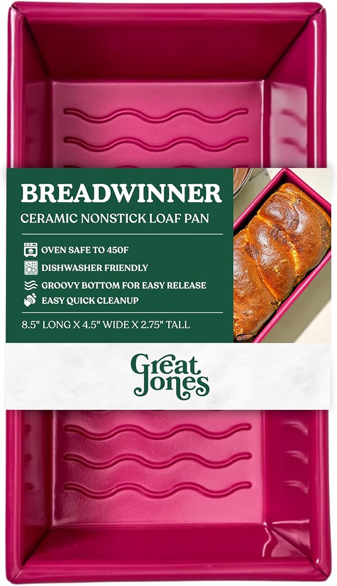 Great Jones Nonstick and Non Toxic Loaf Pan - 8.5 x 4.5 (Raspberry) | Pink Heavy-Duty Aluminized Steel Bread Pan | Ridged Bottom for Easy Release, Oven-Safe 450°F, Dishwasher-Friendly