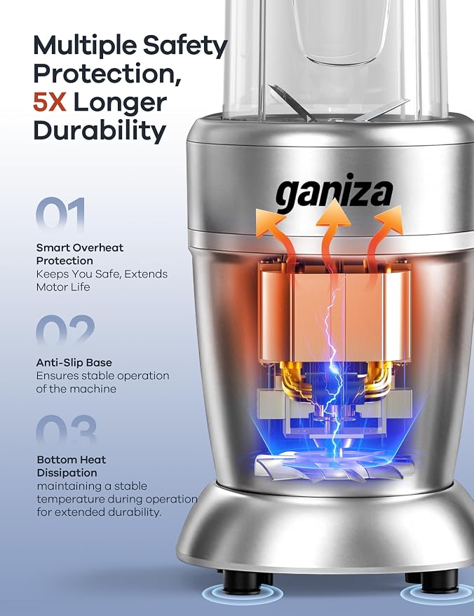 Ganiza Smoothie Blender Max 1300W, Personal Kitchen Blender & Grinder Combo | 23 oz, (2) 37 oz To-Go Cups, 6-Leaf Blade, Portable Maker for Smoothies, Shakes, Frozen Drinks, Sauces, Coffee Beans, Nuts