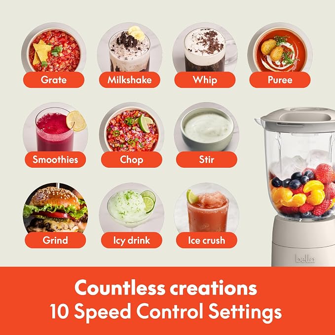 bella 10 Speed Countertop Blender,Juicer&Smoothie Maker,Fits-anywhere™ Kitchenware,Slim Flip&Store Design,Dishwasher Safe 48oz Capacity Pitcher-&Lid,Stainless Steel Blade,450 Watt,Oatmilk,(Pack of 2)
