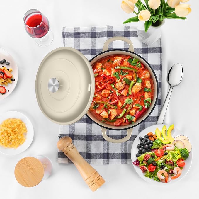 P&P CHEF 5QT Enameled Dutch Oven, Dutch Oven Pot for Bread Baking, Khaki | 5 Quart Enameled Cast Iron Casserole Pot with Lid, for Roasting Braising Stewing Frying Simmering, Work on Various Stoves