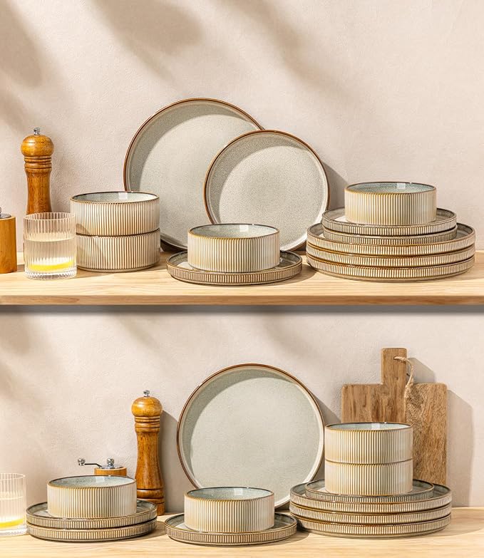 GBHOME Stoneware Dinnerware Sets for 4, 12-Piece Plates and Bowls Set | Handmade Reactive Glaze Ceramic Dish Set, Scratch Resistant, Dishwasher&Microwave Safe,Green Wheat