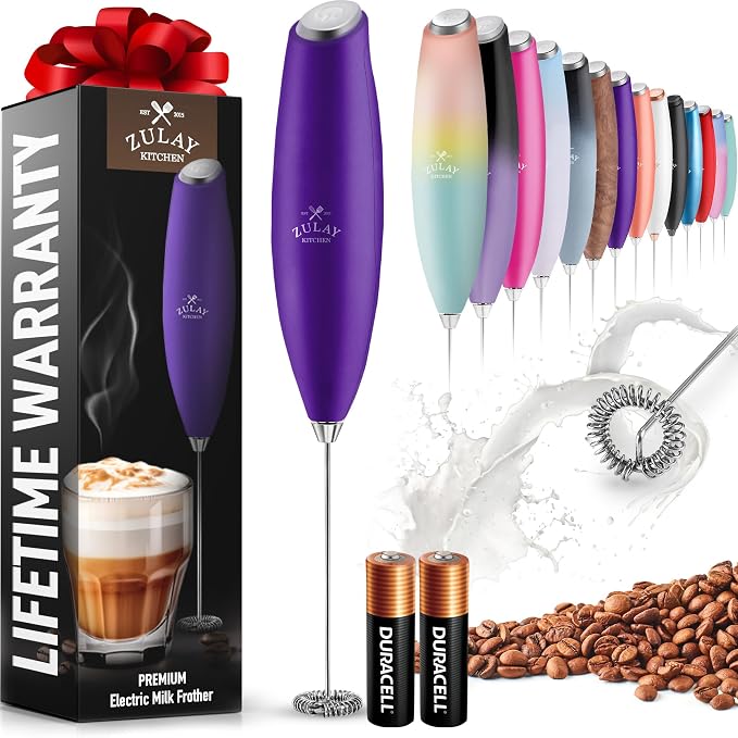 Zulay Powerful Milk Frother for Coffee with Upgraded Titanium Motor - Handheld Electric Whisk, Milk Foamer, Mini Mixer & Coffee Blender for Frappe, Latte, Matcha, No Stand - Lush Purple