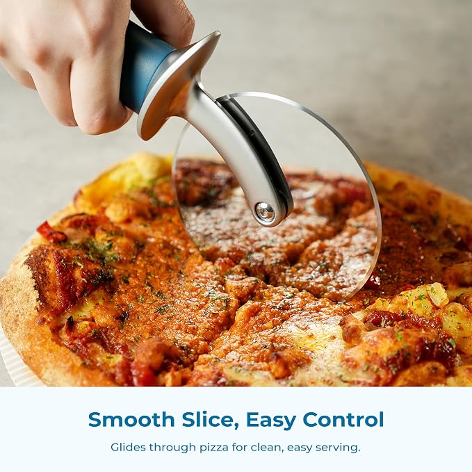 OOU Pizza Cutter, Stainless Steel Wheel Slicer with Premium Zinc Alloy Construction, Ergonomic TPE Non-Slip Grip Handle, Dishwasher Safe, Blue