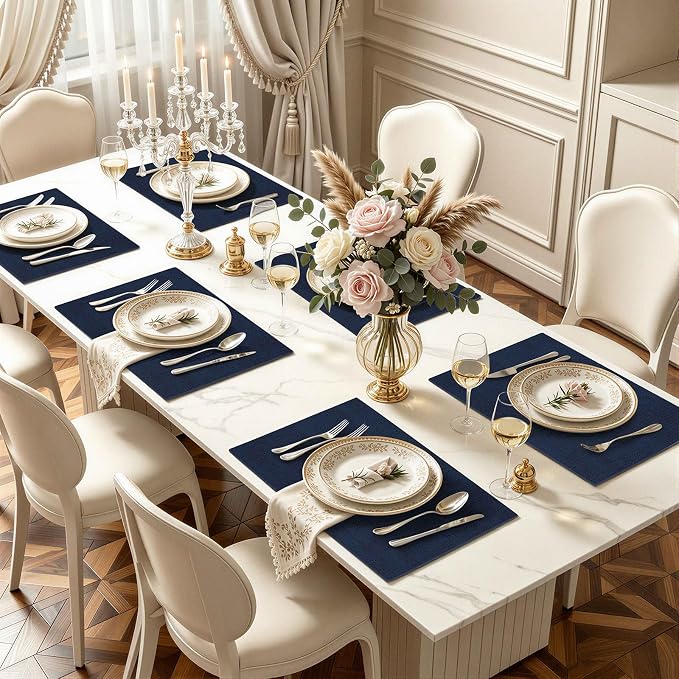 Faux Leather Heat Resistant Placemats 8 Packs, Waterproof Wipeable Dining PU Place Mats for Indoor & Outdoor, Easy to Clean, Dark Navy Blue